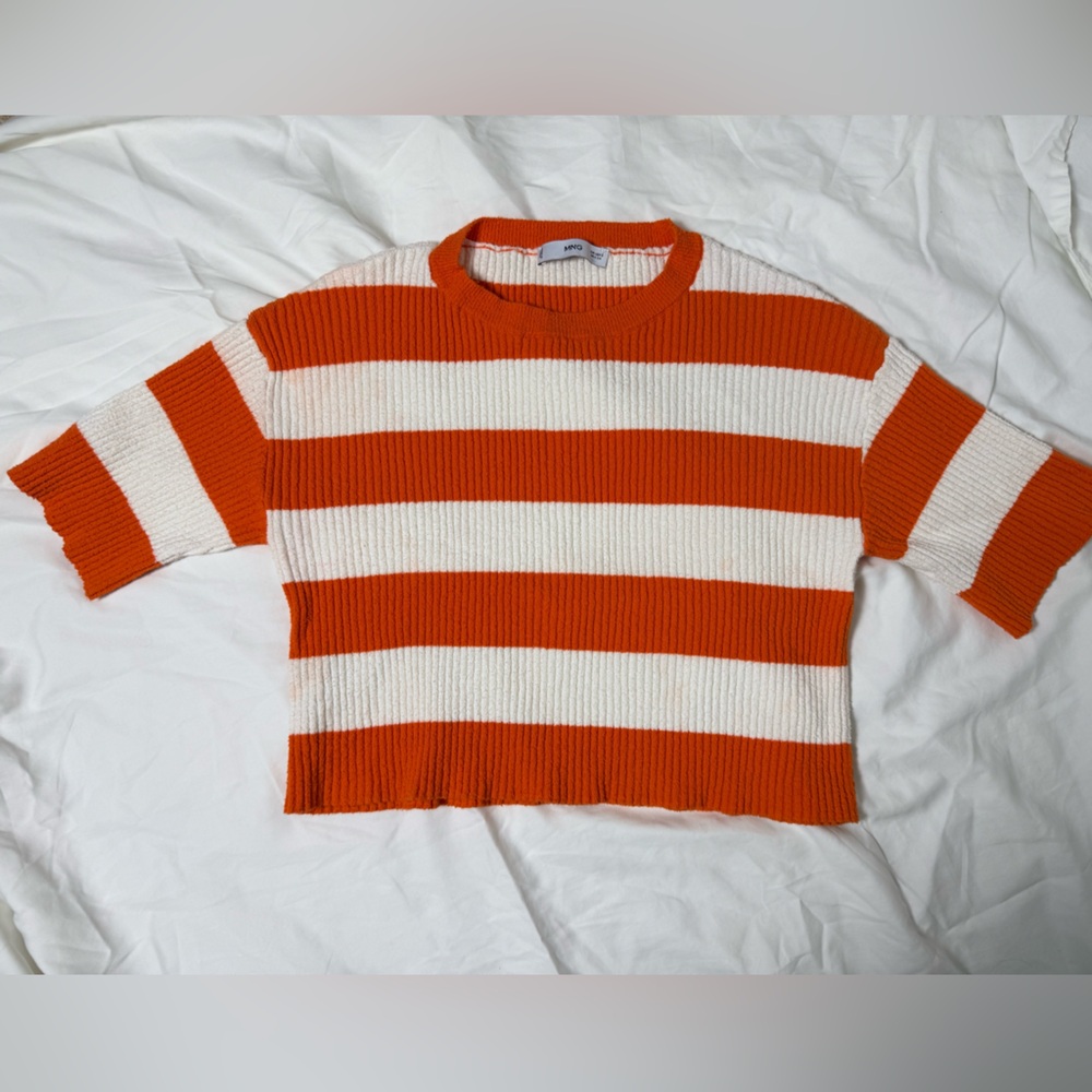 Mango Bold Striped Orange and Cream Cropped Sweater